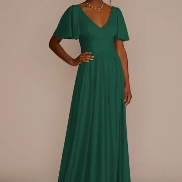 flutter sleeve crisscross mesh bridesmaid dress